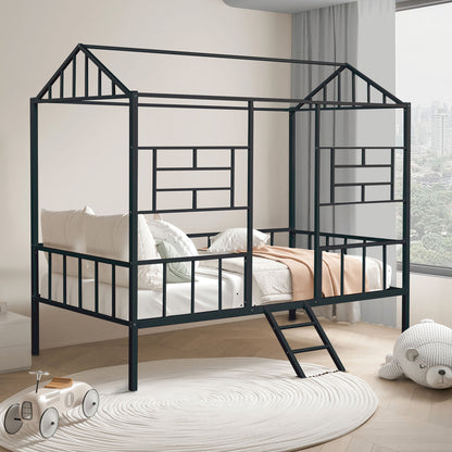 Black Finish Twin Bunk Bed Contemporary Style House Design With Full Metal Construction And Angled Ladder