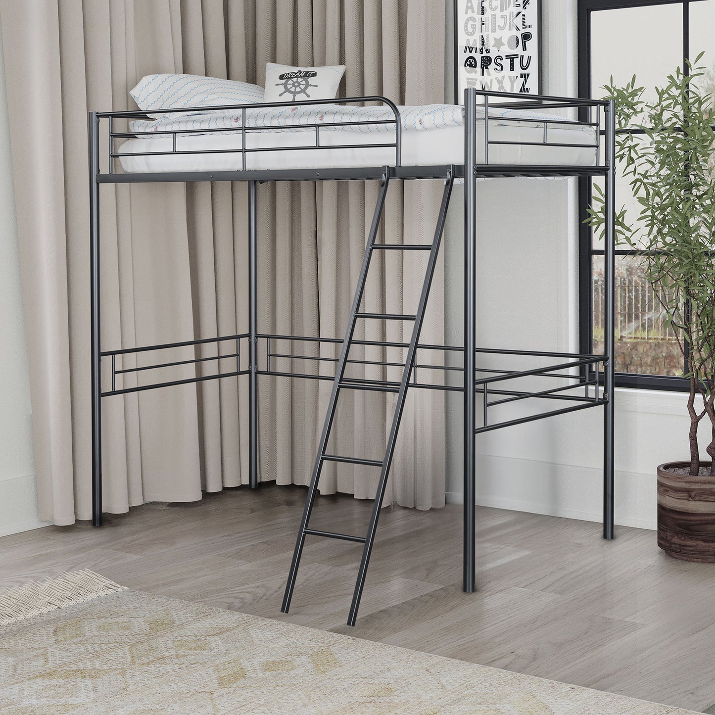Twin Loft Bed Contemporary Style With Open Area Underneath Metal Structure, Black