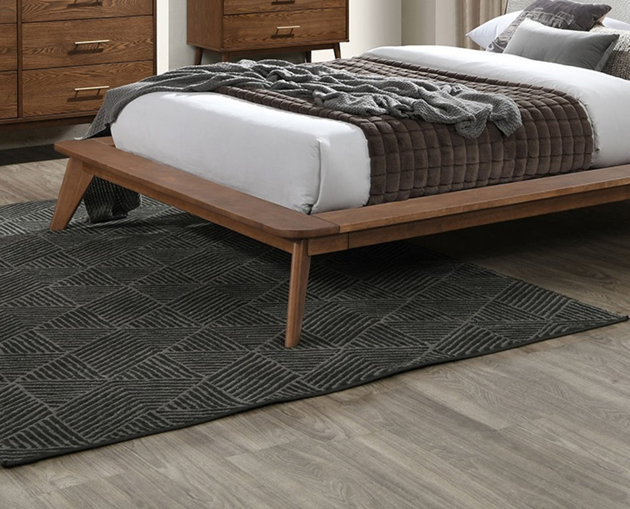 Full Size Walnut Bed Frame - Boucle Fabric for Bedroom