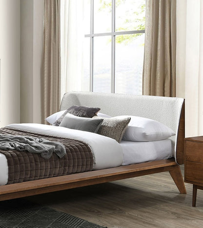 Full Size Walnut Bed Frame - Boucle Fabric for Bedroom