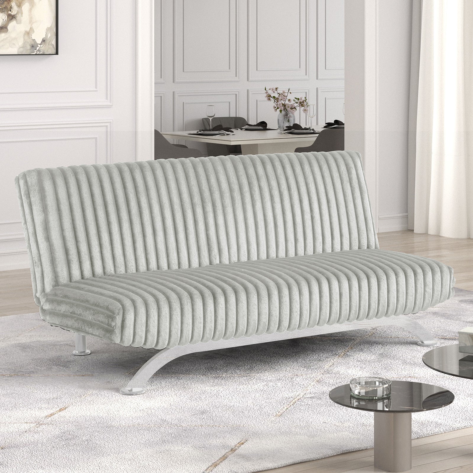 Contemporary Style Light Gray Finish Futon Sofa Bed Convert Into Bed With Extra Support Leg Chrome Finish Metal Base Legs