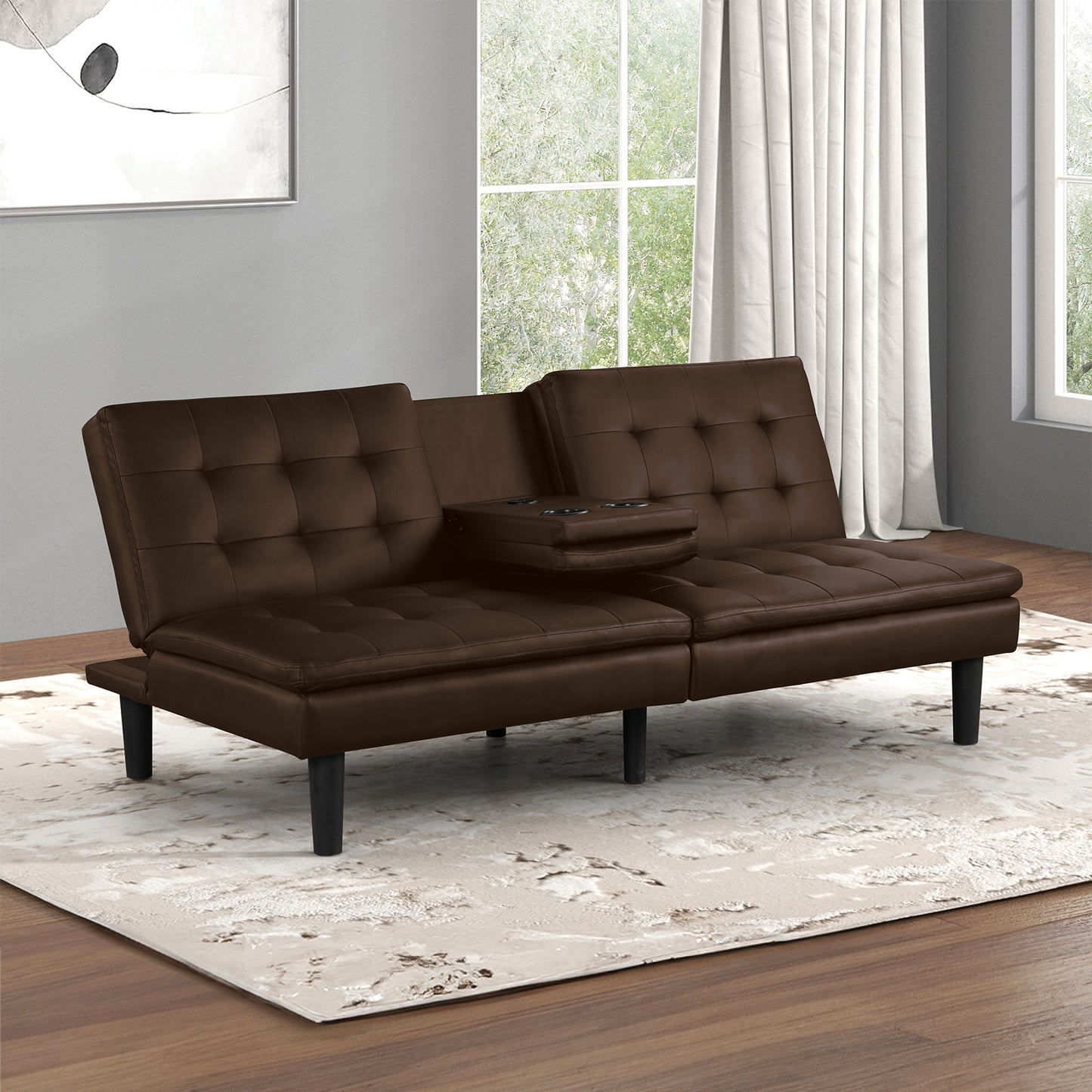 Futon Sofa Bed Contemporary Style Brown Finish Convert Into Bed Biscuit Tufting Seat And Back Seat Drop Down Table With Cup Holder USB Chargers