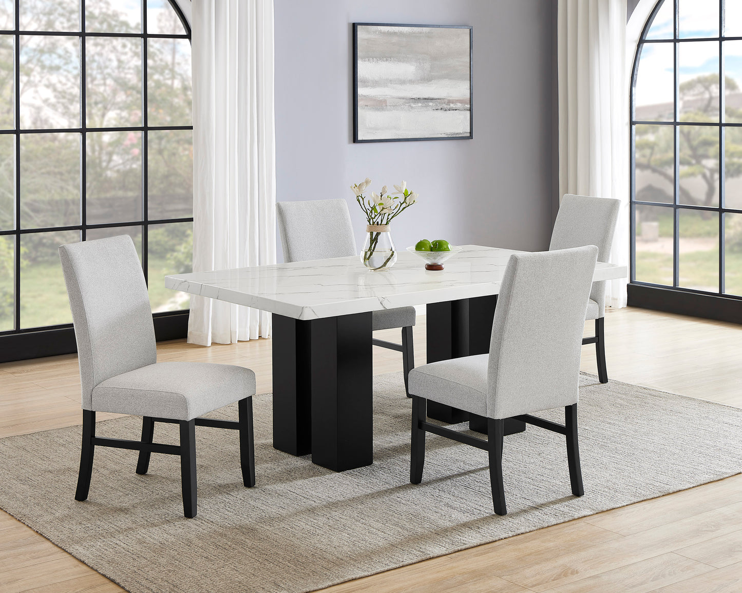 5pc Dining Set White Rectangular Marble-like Tabletop Dark-finished Base Upholstered Chairs Soft Wooden Dining Room Furniture