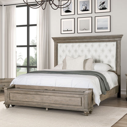 Traditional 1pc King Size Bed Aged Oak FB Bench w Storage Bedroom Furniture Beige Padded Fabric HB