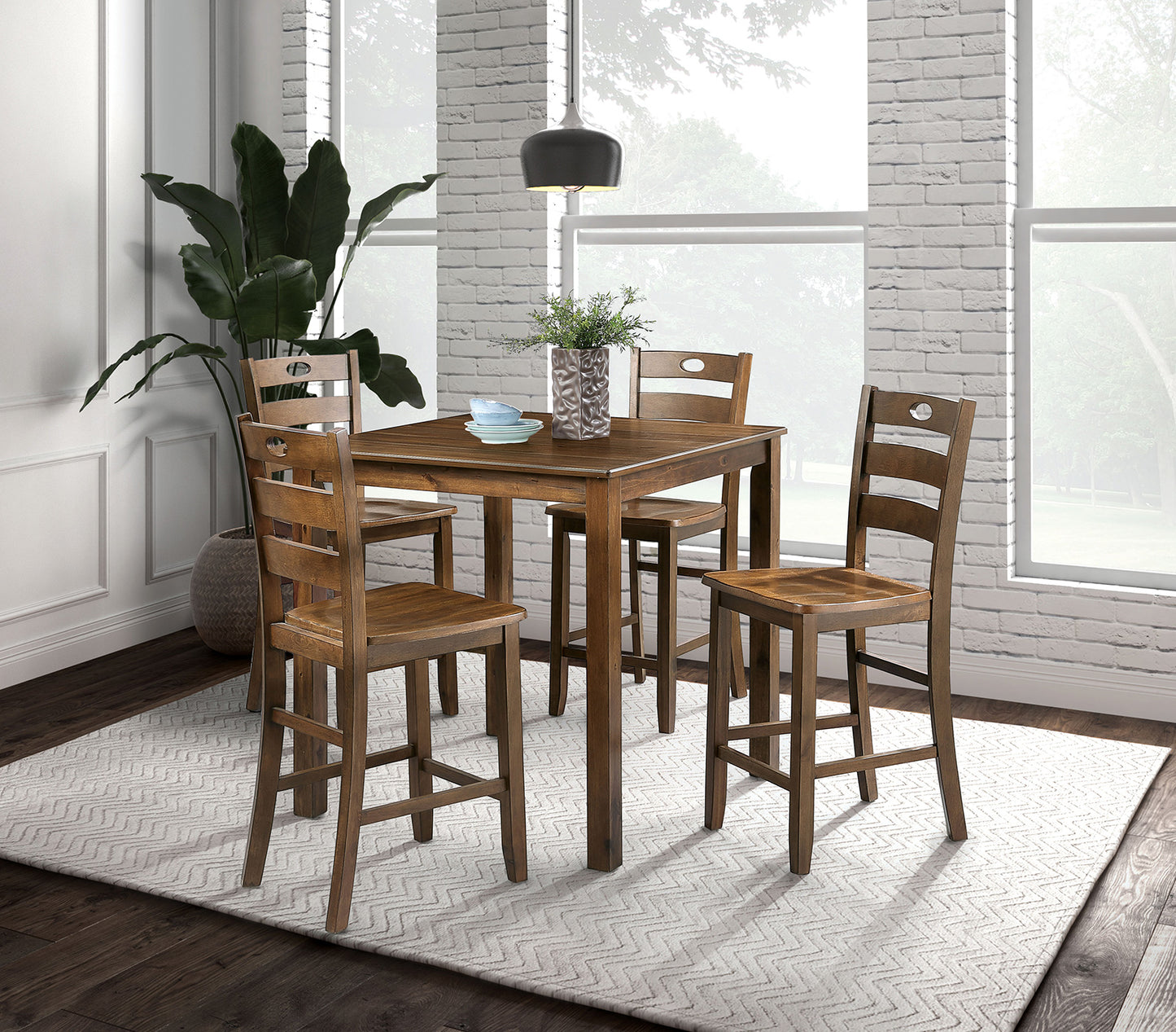 Walnut Finish Transitional Style 5pc Dining Table Set 1x Counter HT. Table 4x Chair Square Shape Table Slat Back Chair Dining Room
