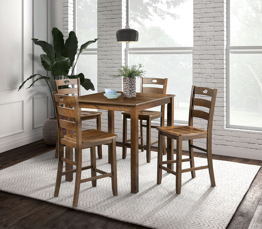 Walnut Finish Transitional Style 5pc Dining Table Set 1x Counter HT. Table 4x Chair Square Shape Table Slat Back Chair Dining Room