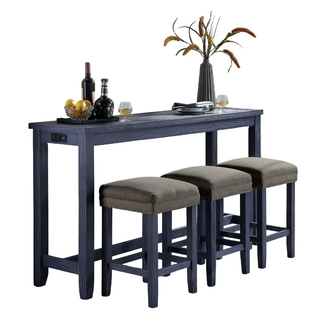 Antique Blue Gray Solid Wood Dining Table Set 4 Piece