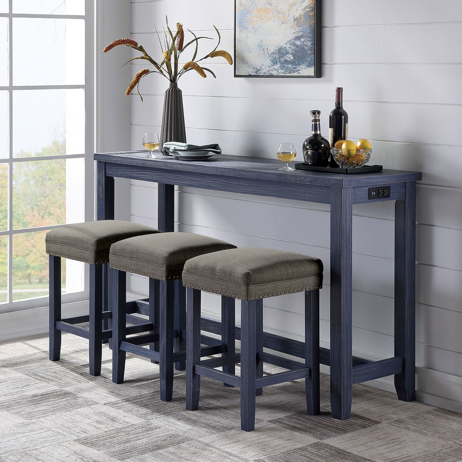 Antique Blue Gray Solid Wood Dining Table Set 4 Piece