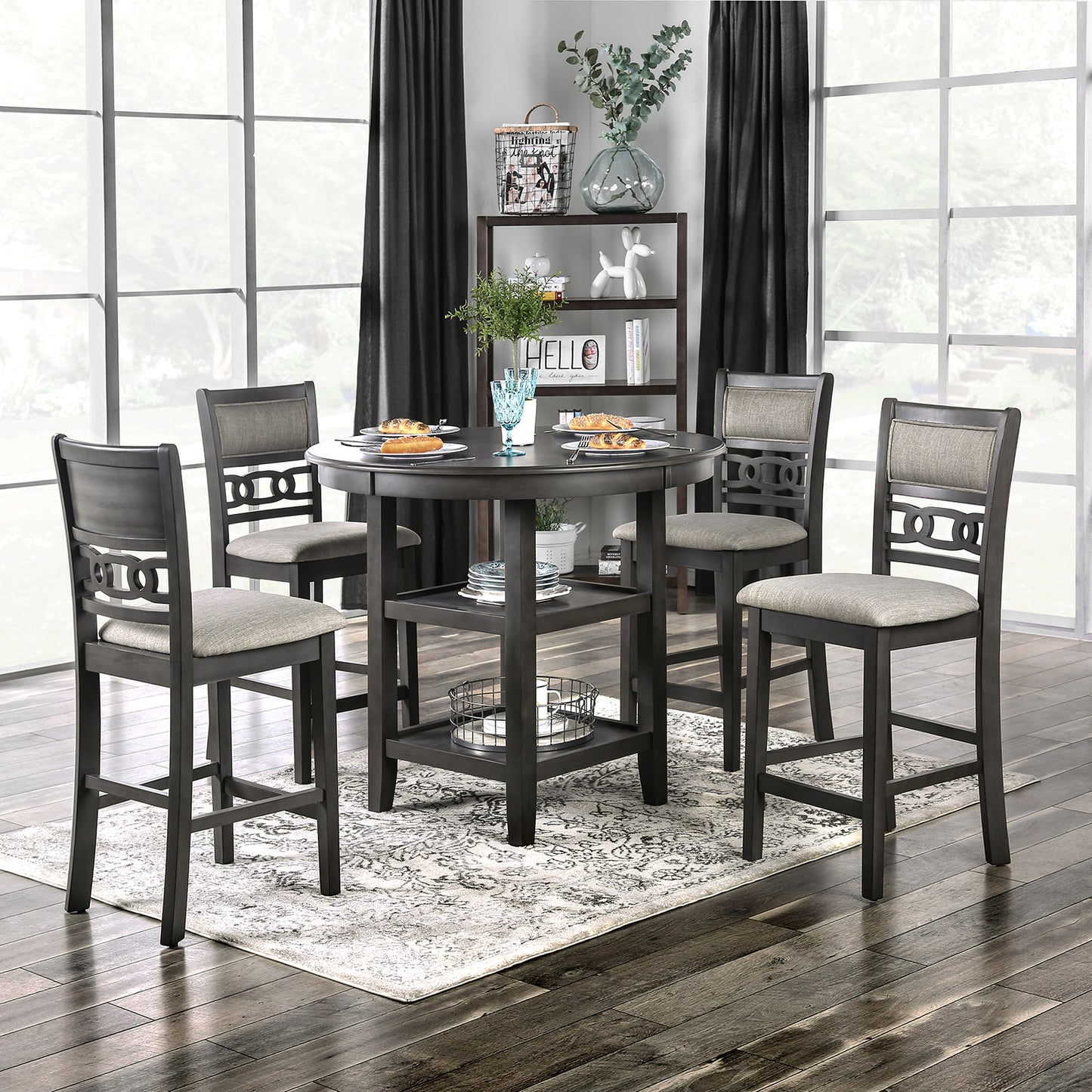 Gray Round Dining Table Set - Seats 4, Transitional Style