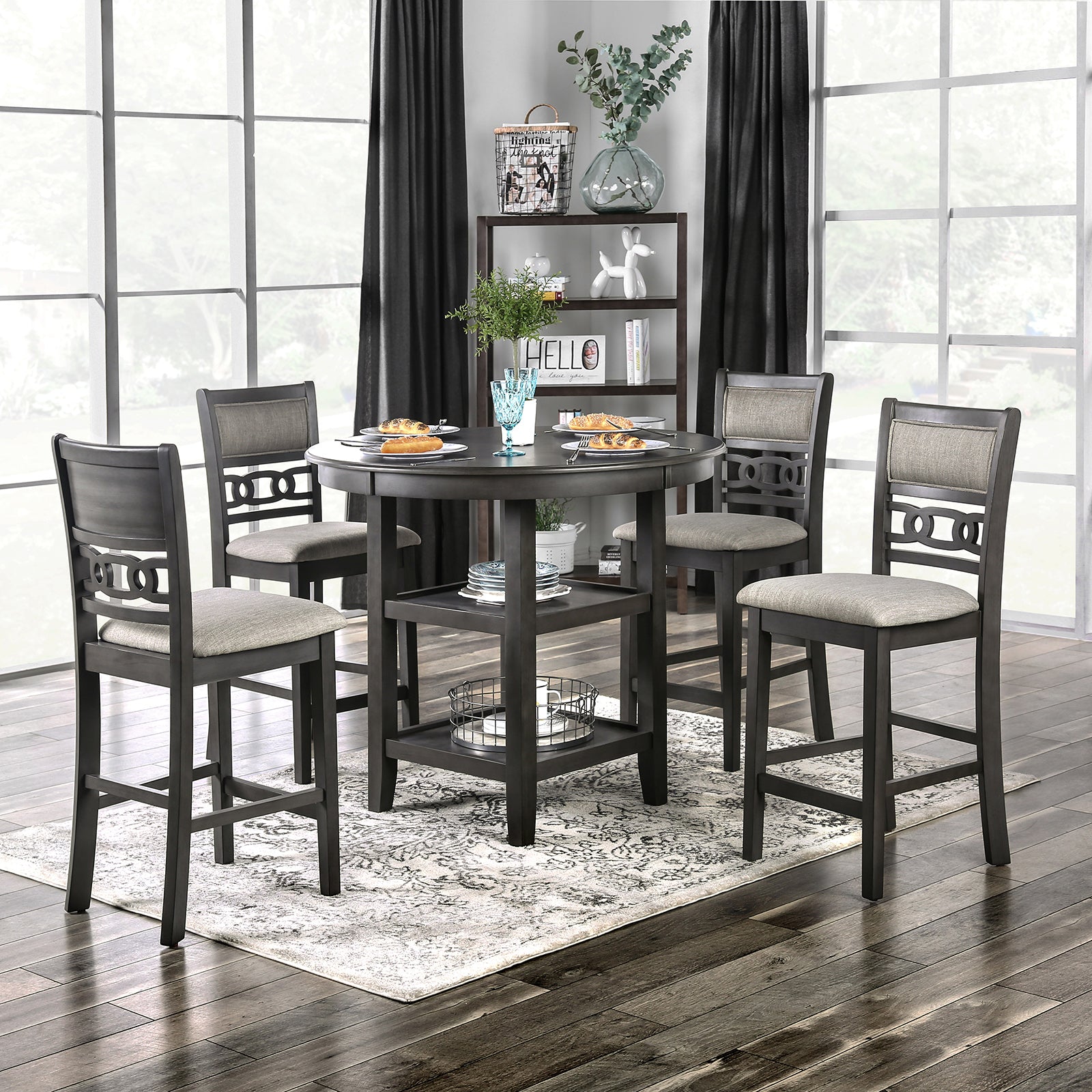 Gray Round Dining Table Set - Seats 4, Transitional Style