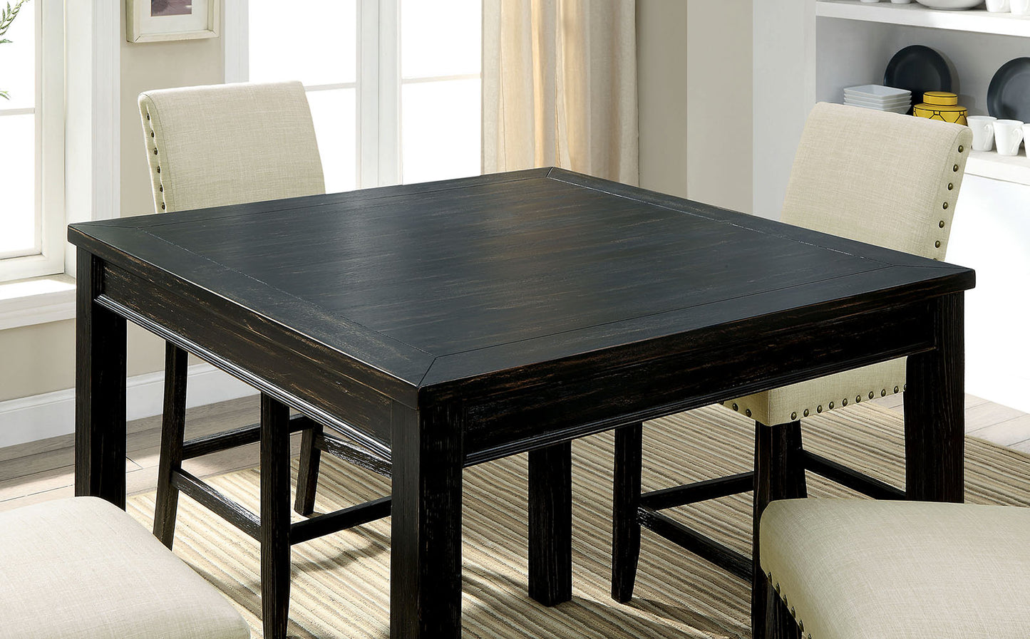 Rustic Square Dining Table Set - Seats 4 Antique Black