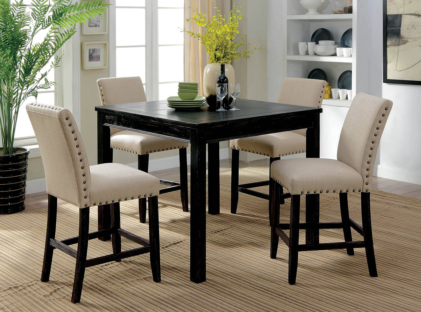 Rustic Style 5pc Counter Height Dining Table Set 1x Table 4x Chairs Fabric Chairs Bold Distressed Detail Nailhead Trim Antique Black Finish