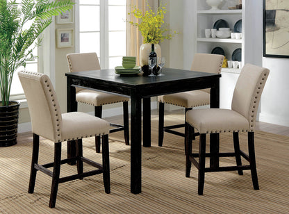 Rustic Style 5pc Counter Height Dining Table Set 1x Table 4x Chairs Fabric Chairs Bold Distressed Detail Nailhead Trim Antique Black Finish