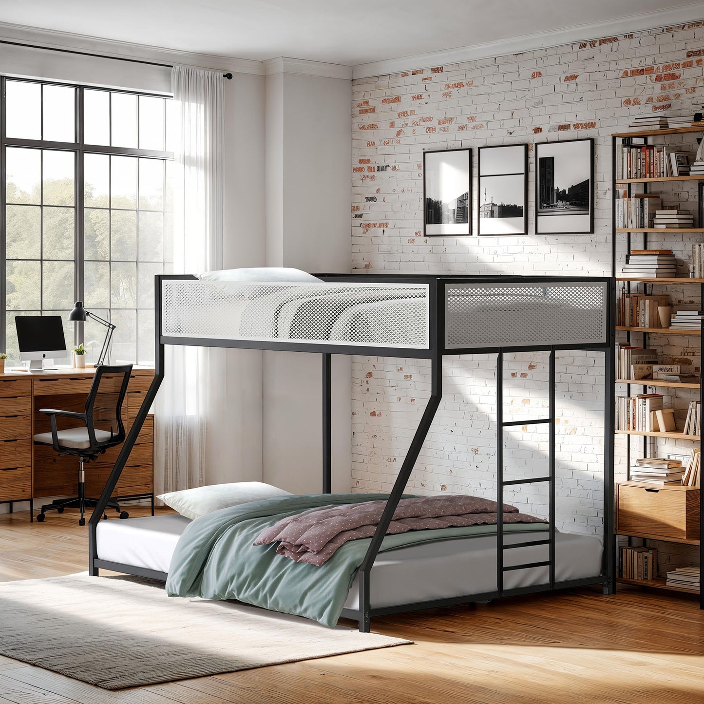 Twin Over Full Metal Bunk Bed - Matte Black/White for Bedroom