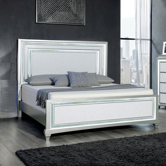Silver / Gray 1pc King Size Bed Faux Crystal w LED Headboard Panel Bedframe Bedroom Furniture Glamorous Contemporary Style