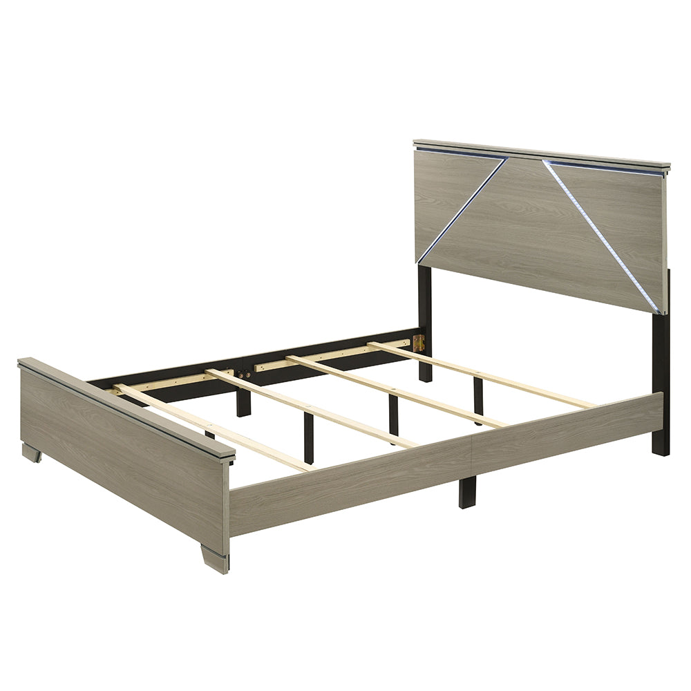 Queen Gray Wood Bed Frame with LED Headboard