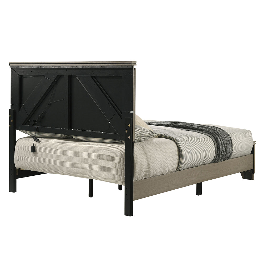 Queen Gray Wood Bed Frame with LED Headboard