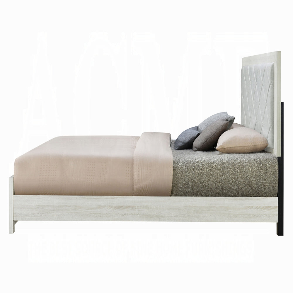 Queen Beige Wood Bed Frame with Tufted Headboard