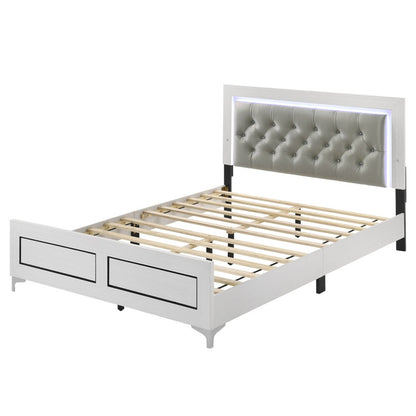 Queen White Wood Bed Frame with LED Headboard for Bedroom