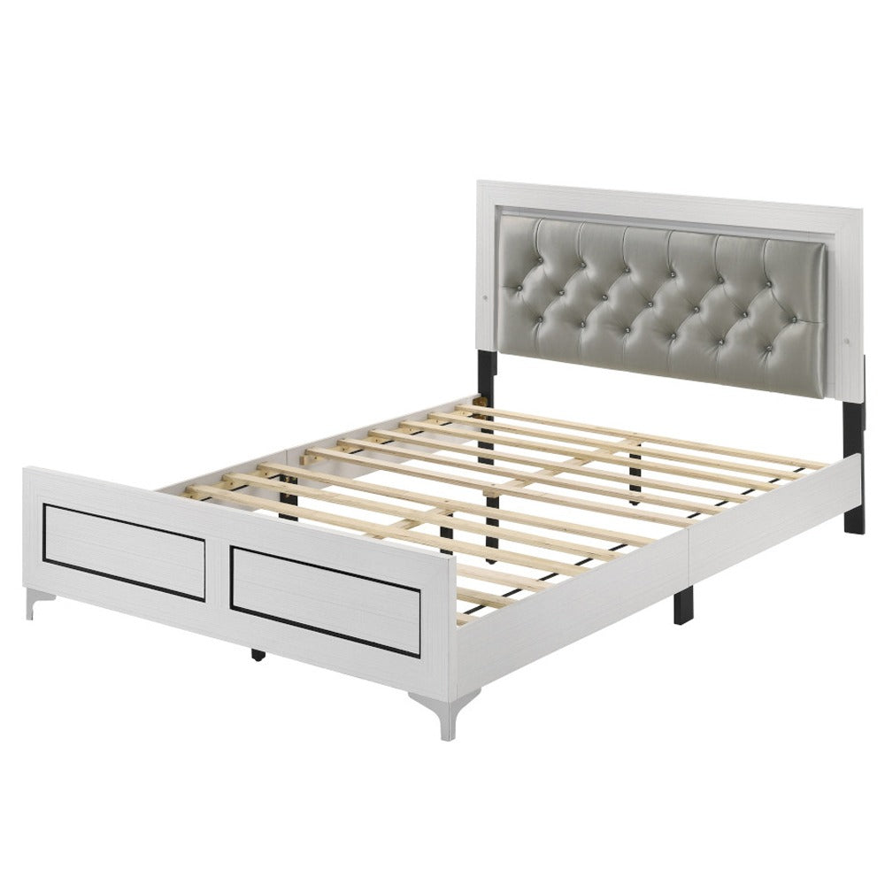 Queen White Wood Bed Frame with LED Headboard for Bedroom