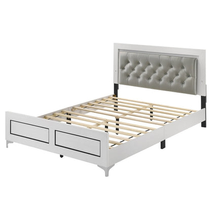 Queen White Wood Bed Frame with LED Headboard for Bedroom