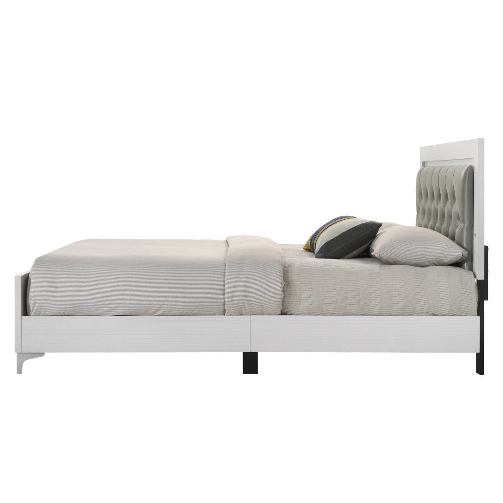 Queen White Wood Bed Frame with LED Headboard for Bedroom