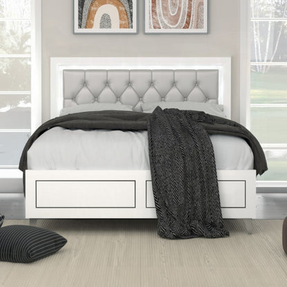 Queen White Wood Bed Frame with LED Headboard for Bedroom