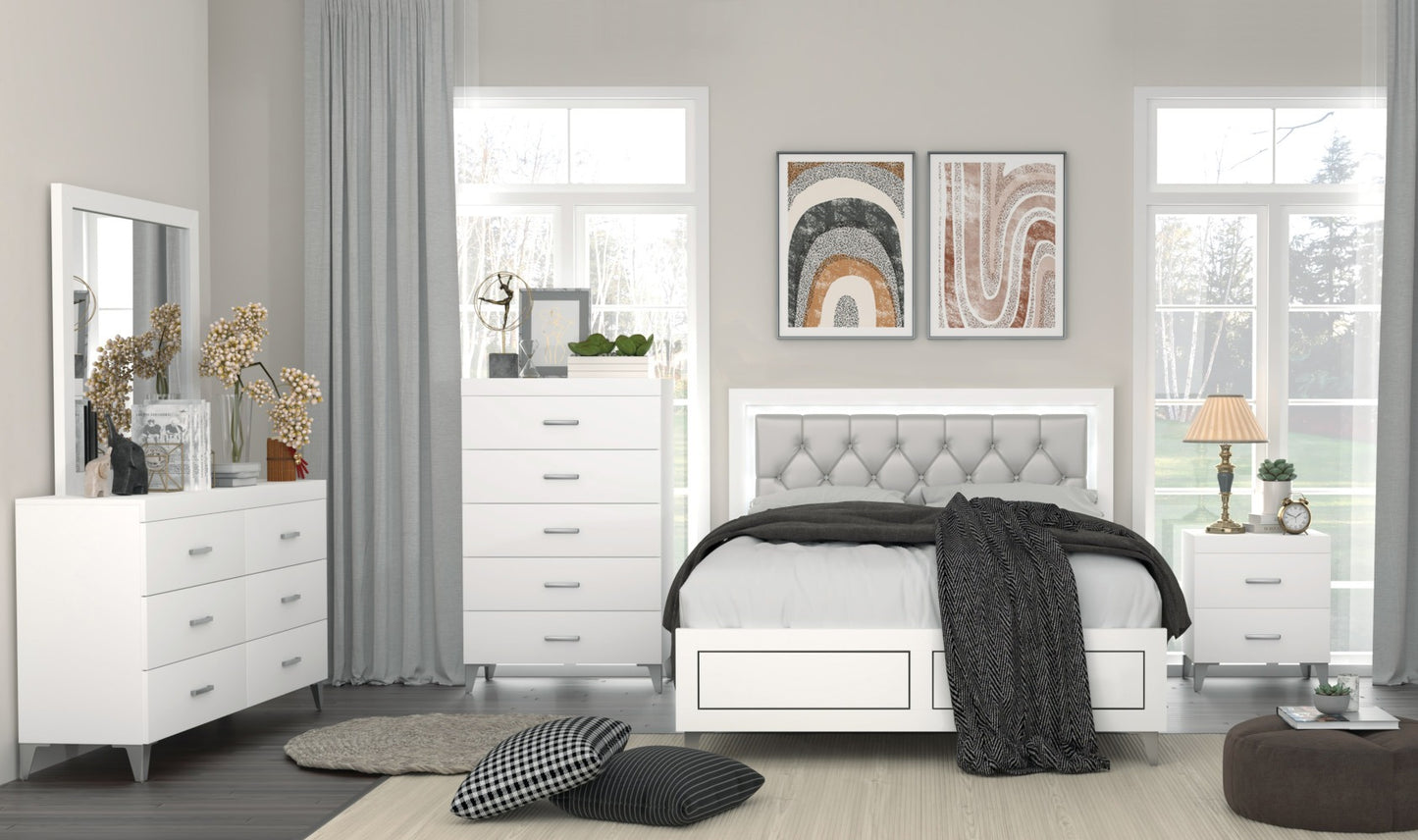 Queen White Wood Bed Frame with LED Headboard for Bedroom