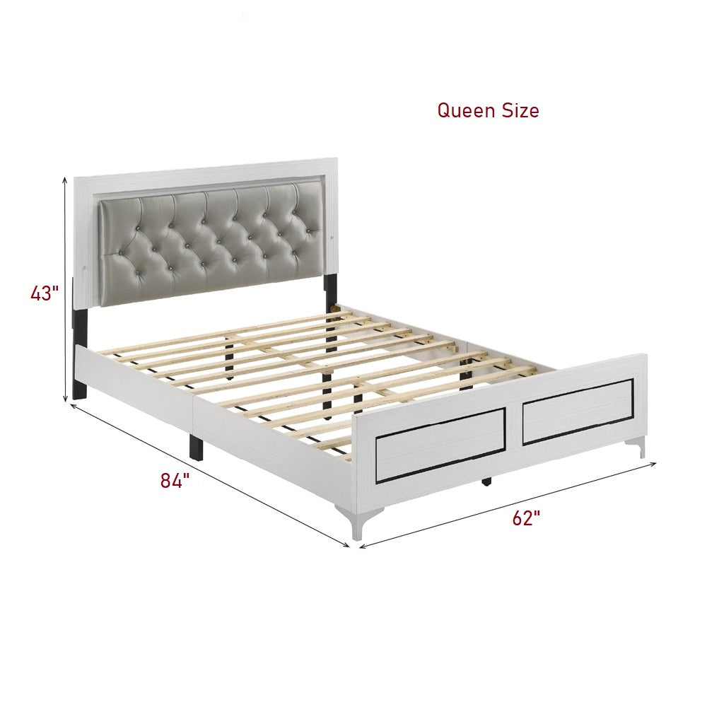 Queen White Wood Bed Frame with LED Headboard for Bedroom