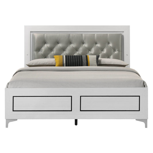 Contemporary White Finish Queen Size Platform Bed w LED Light Headboard Gray PU Upholstered Wooden Bedroom Furniture 1pc