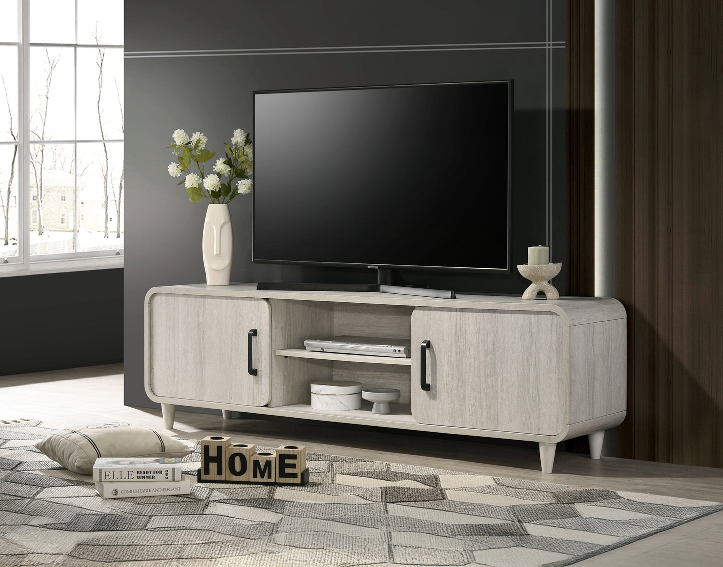 Contemporary TV Stand - Antique White Wood Finish
