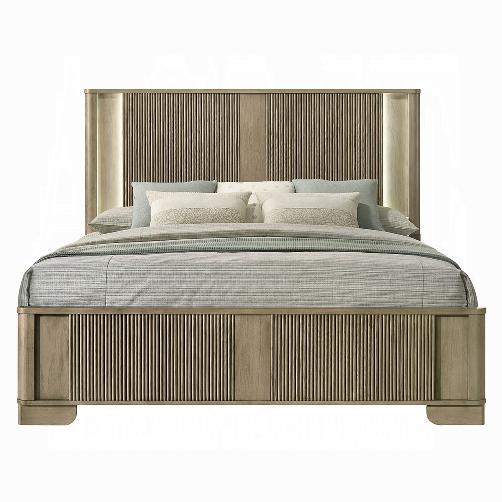 King Oak Wood Bed Frame with LED Headboard Transitional Rustic Style for Bedroom