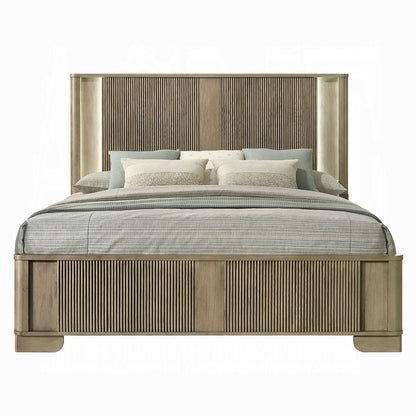 King Oak Wood Bed Frame with LED Headboard Transitional Rustic Style for Bedroom