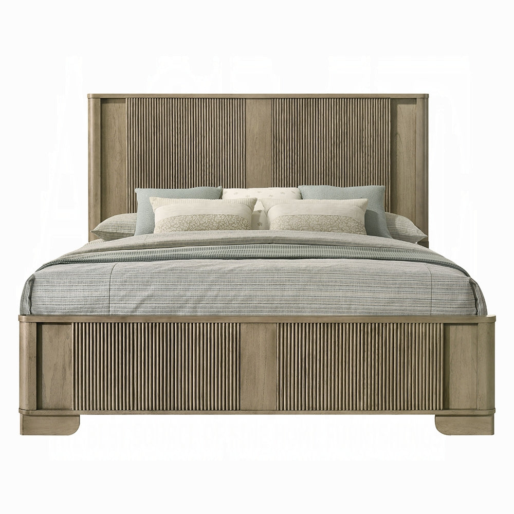 King Oak Wood Bed Frame with LED Headboard Transitional Rustic Style for Bedroom