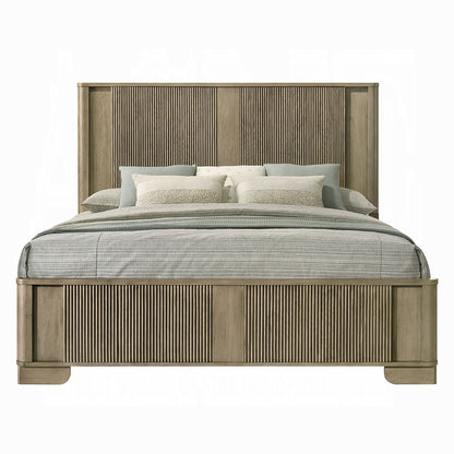 King Oak Wood Bed Frame with LED Headboard Transitional Rustic Style for Bedroom