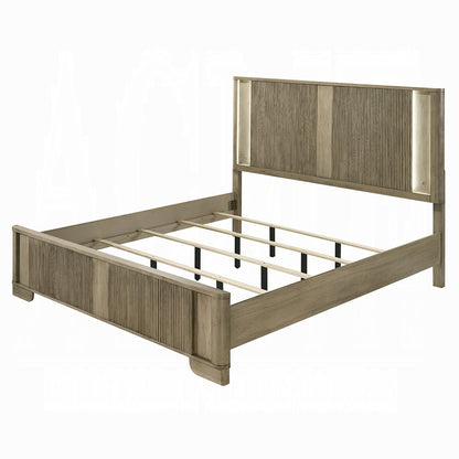 King Oak Wood Bed Frame with LED Headboard Transitional Rustic Style for Bedroom