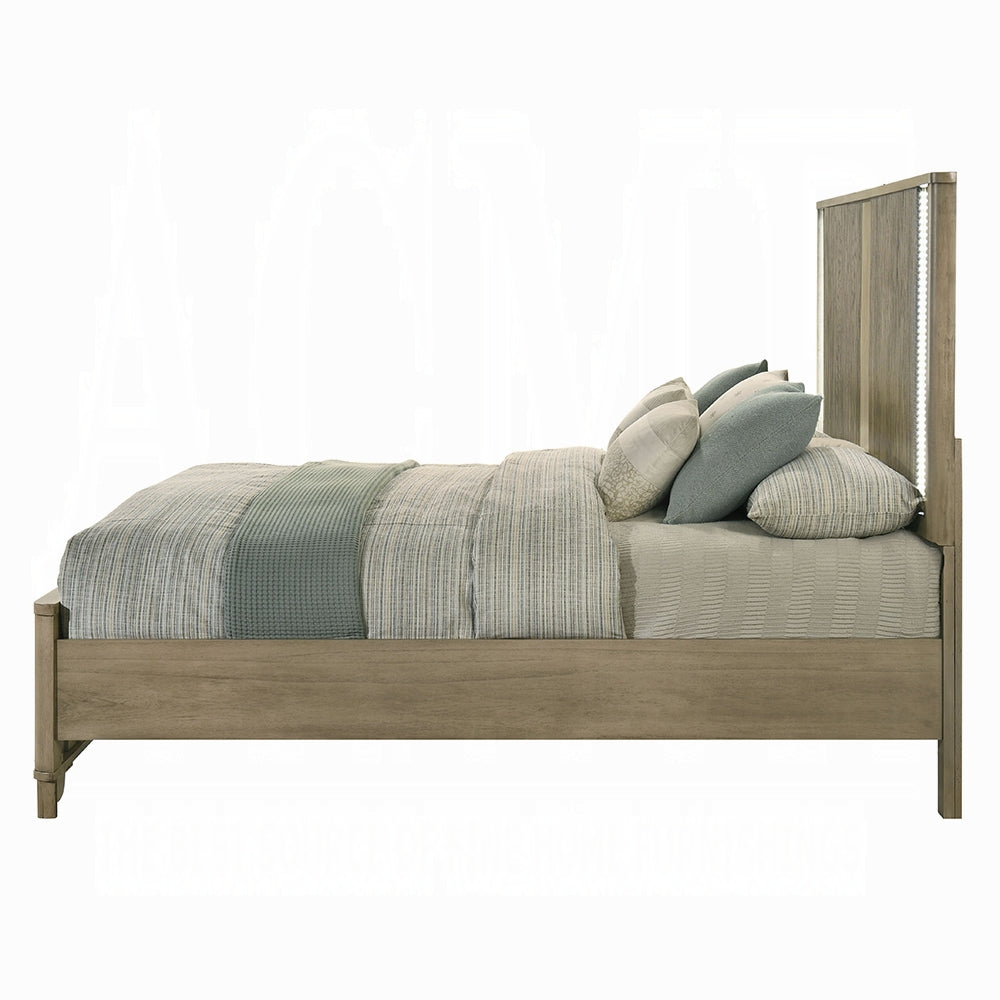 King Oak Wood Bed Frame with LED Headboard Transitional Rustic Style for Bedroom