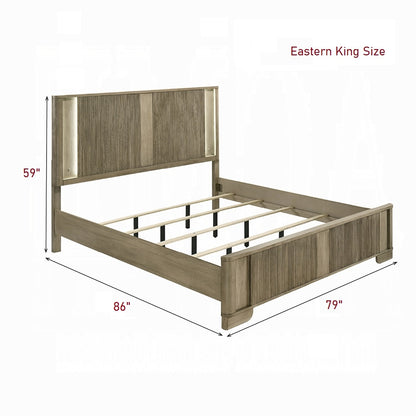 King Oak Wood Bed Frame with LED Headboard Transitional Rustic Style for Bedroom
