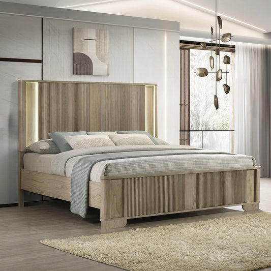 1pc Transitional Style King Bed with LED Light Headboard Antique Oak Finish Solid Wood Rustic Bedroom Furniture