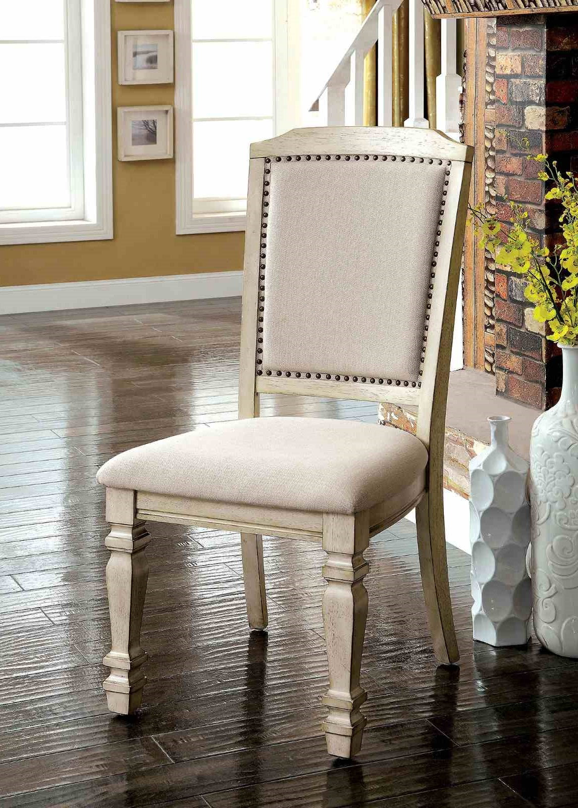Antique White Fabric Dining Chairs - 2 Piece Set
