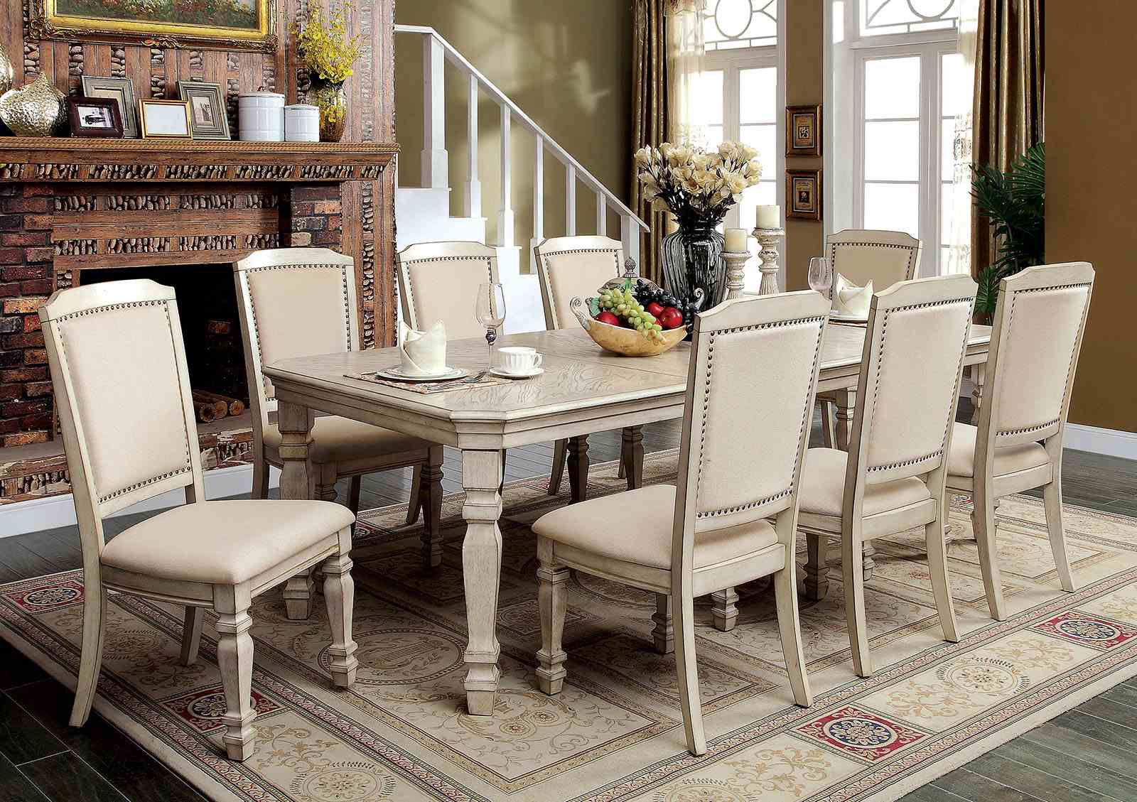 Antique White Fabric Dining Chairs - 2 Piece Set