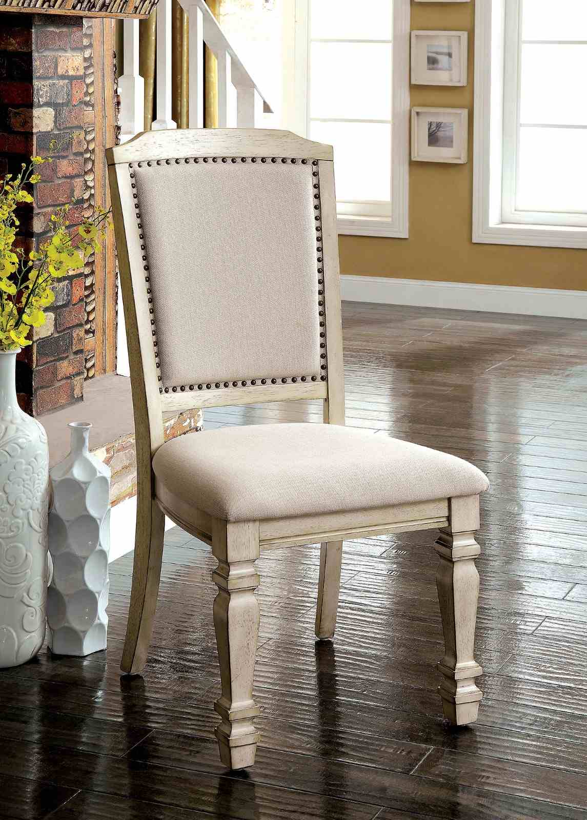 Transitional Style 2pc Side Chair Nailhead Trim Turned Legs Padded Seat And Back Antique White And Ivory Finish