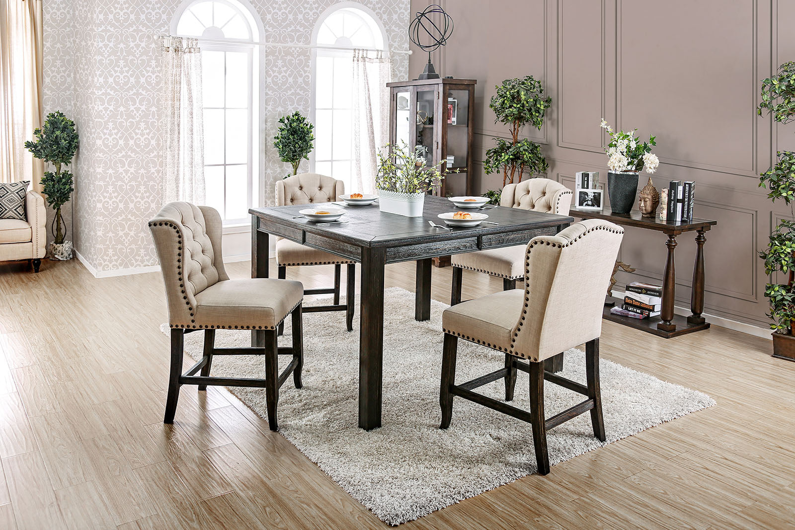 Rustic Dining Room Wingback Chairs in Antique Black and Beige Fabric