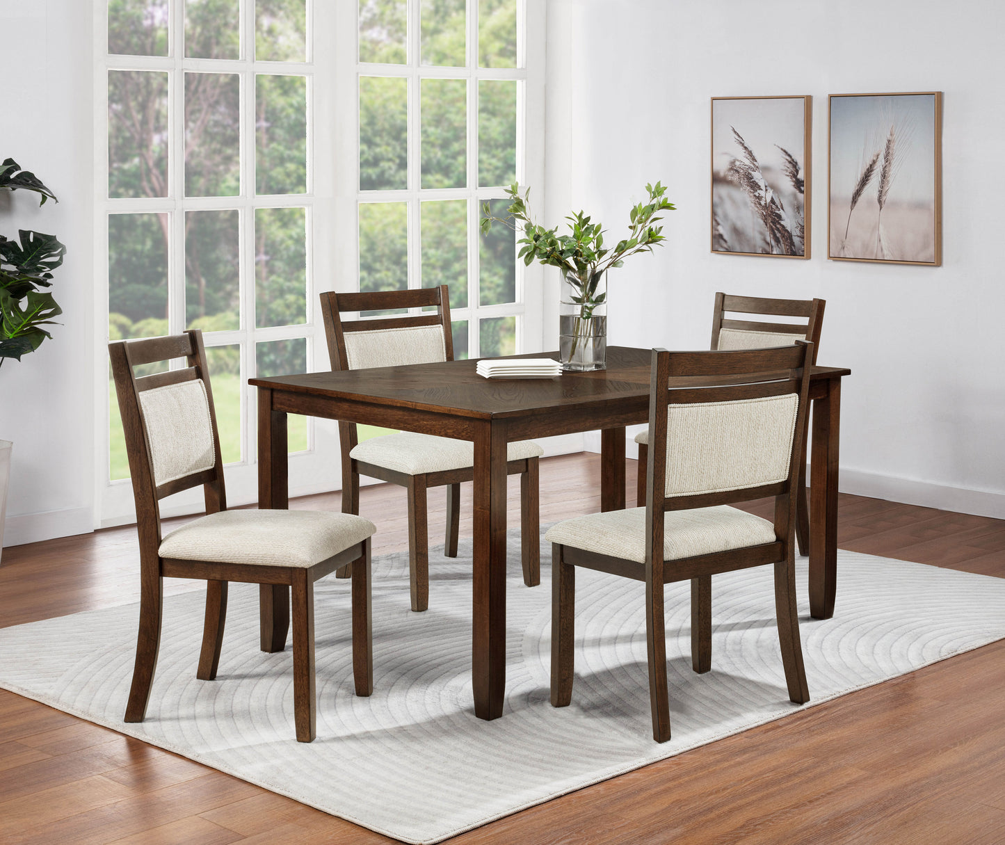 5pc Traditional Wooden Dining Set Rectangular Wooden Table Curve Back Upholstered Chairs Dining Room Furniture Brown
