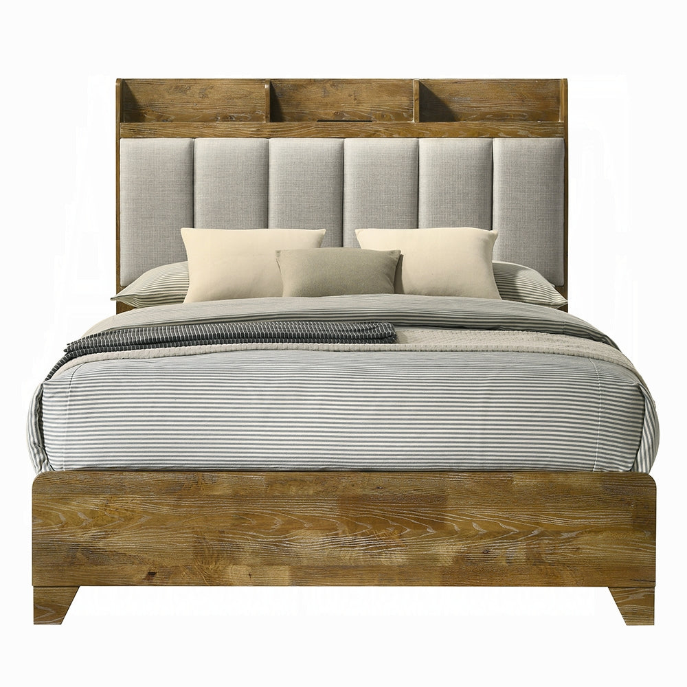 Queen Brown Wood Bed Frame with Upholstered Headboard