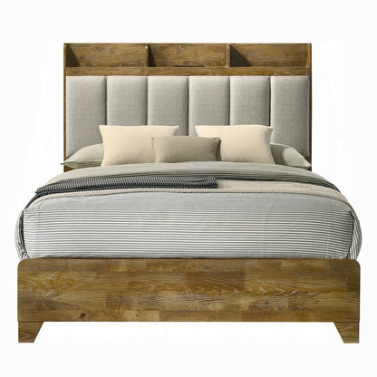 Queen Brown Wood Bed Frame with Upholstered Headboard