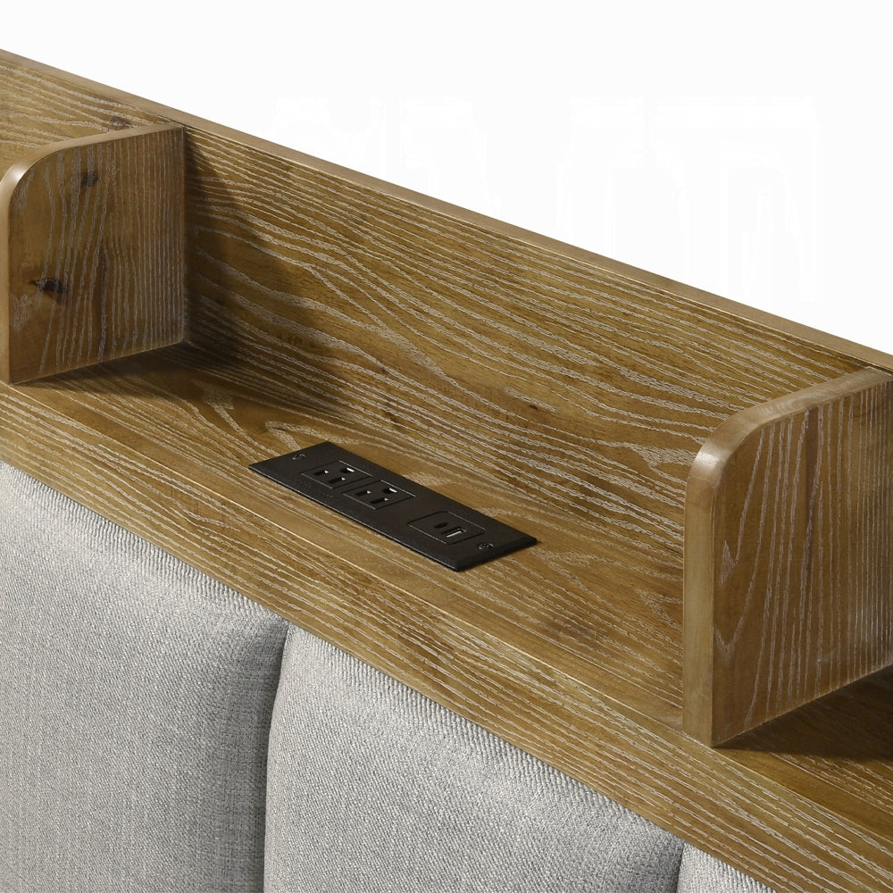 Queen Brown Wood Bed Frame with Upholstered Headboard