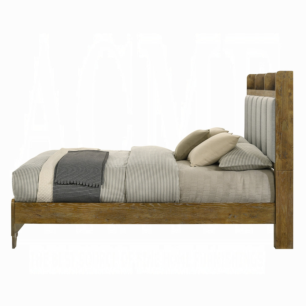Queen Brown Wood Bed Frame with Upholstered Headboard