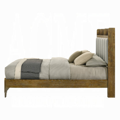 Queen Brown Wood Bed Frame with Upholstered Headboard