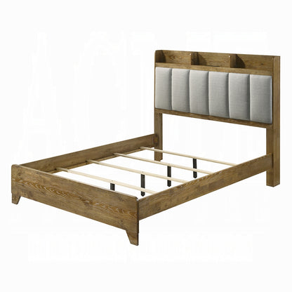 Queen Brown Wood Bed Frame with Upholstered Headboard